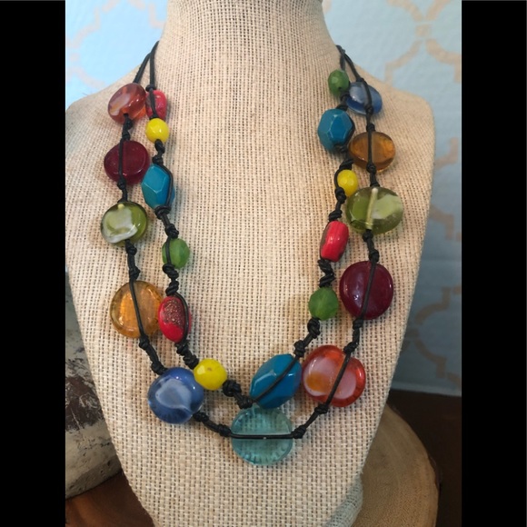 Chico’s Translucent and Faceted Colorful Beads on Black Leather ~ AWESOME - Picture 2 of 4